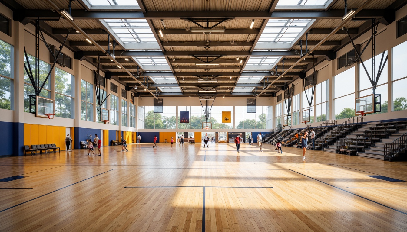 Prompt: Spacious gymnasium interior, high ceilings, clerestory windows, skylights, natural wood flooring, basketball court markings, sports equipment, bleacher seating, vibrant team colors, modern athletic architecture, transparent glass walls, minimal obstructions, open floor plan, abundant daylight, soft warm glow, low contrast ratio, shallow depth of field, 1/1 composition, realistic textures, ambient occlusion.