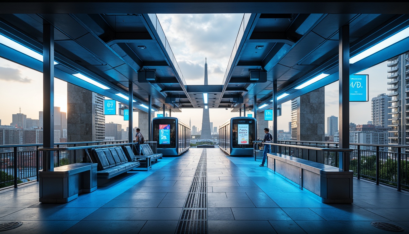 Prompt: Futuristic tram station, sleek metallic surfaces, neon-lit accents, vibrant blue and silver hues, high-gloss finishes, minimalist signage, modern LED lighting, spacious open platforms, stainless steel railings, futuristic advertising displays, dynamic digital information boards, urban cityscape background, cloudy sky with sunlight filtering through, shallow depth of field, 1/1 composition, realistic metallic textures, ambient occlusion.