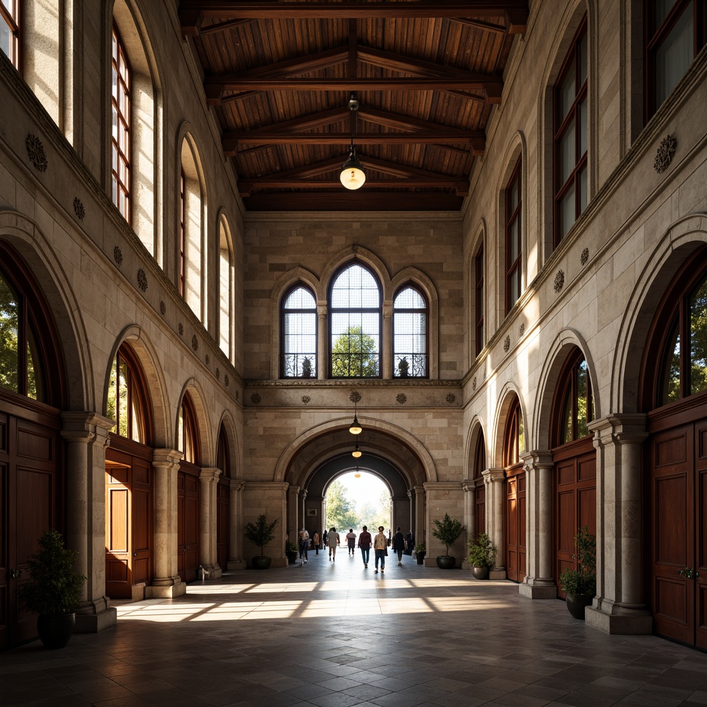 Prompt: Historic academic building, ornate stone fa\u00e7ade, grand entrance archways, sturdy columns, intricate carvings, vaulted ceilings, wooden paneling, large windows, stained glass details, Gothic-inspired architecture, reinforced steel frameworks, load-bearing walls, seismic-resistant design, wind tunnel-tested structures, durable roofing materials, waterproof membranes, thermal insulation systems, energy-efficient glazing, natural ventilation strategies, soft warm lighting, shallow depth of field, 1/1 composition, realistic textures, ambient occlusion.