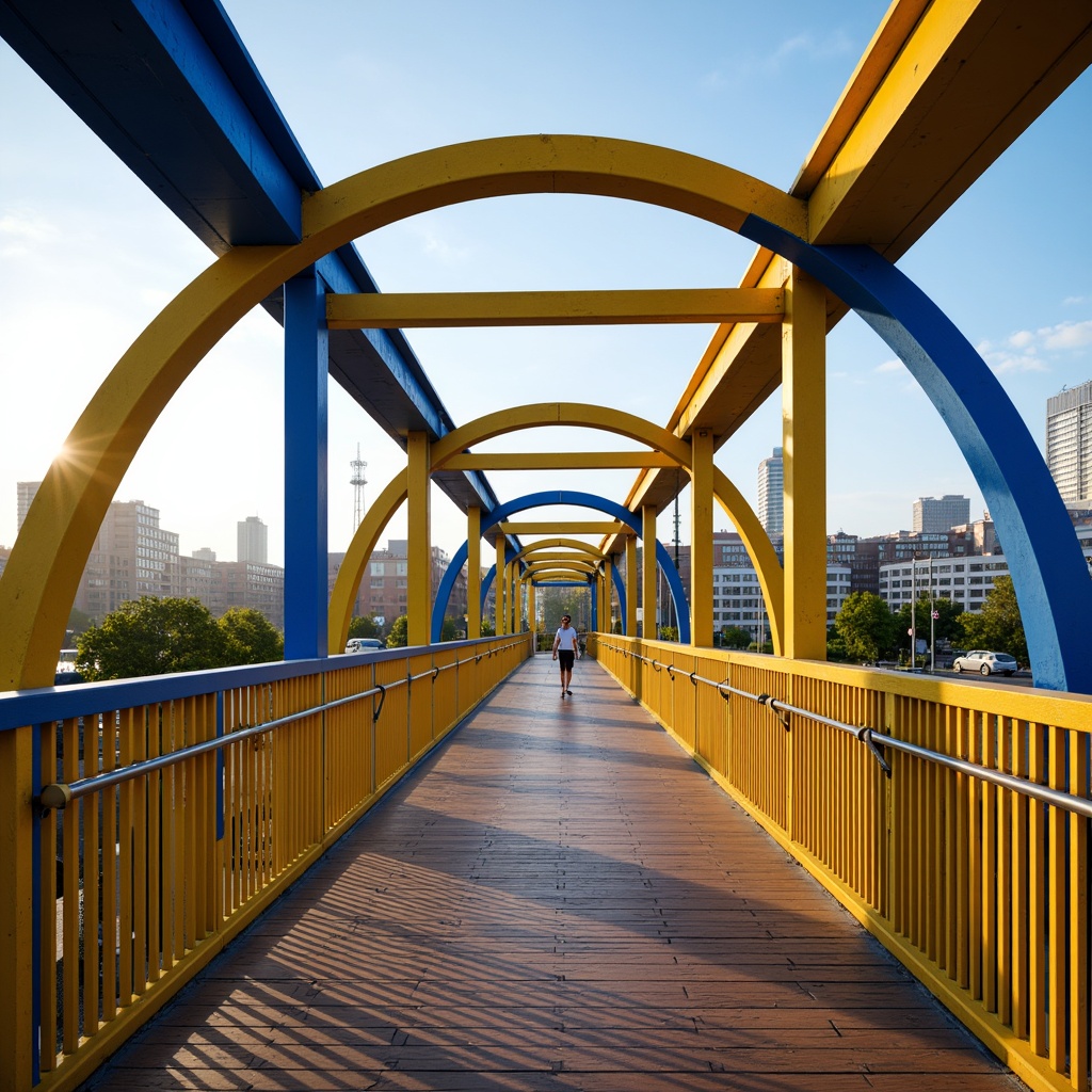 Prompt: Vibrant pedestrian bridge, dynamic arches, bold primary colors, bright yellow railings, deep blue accents, warm wooden decking, modern steel structures, sleek cable stays, urban cityscape background, bustling streets, morning sunlight, soft shadows, 1/1 composition, realistic reflections, atmospheric perspective.