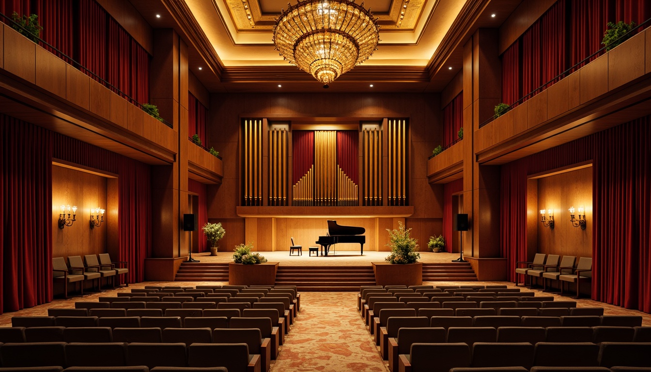 Prompt: Elegant concert hall, rich wood tones, polished wooden floors, velvet curtains, gold accents, ornate chandeliers, grand pianos, refined acoustic panels, intimate seating arrangements, warm atmospheric lighting, shallow depth of field, 2/3 composition, soft focus background, realistic textures, ambient occlusion.