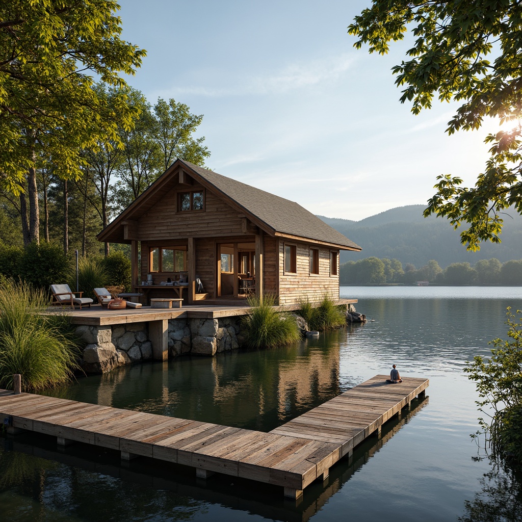 Prompt: \Waterfront boathouse, rustic wooden dock, serene lake views, lush greenery, natural stone foundations, weathered wooden accents, nautical rope details, glassy water reflections, warm sunny day, soft golden lighting, shallow depth of field, 3/4 composition, panoramic view, realistic textures, ambient occlusion.\Let me know if this meets your requirements!