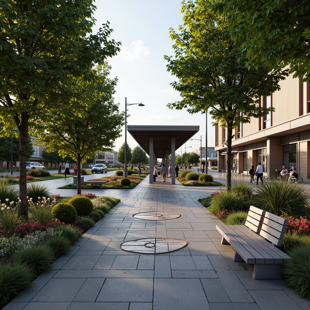 Prompt: Urban tram station, modern transportation hub, lush green spaces, vibrant flower beds, ornamental shrubs, decorative pavement patterns, steel benches, urban art installations, pedestrian-friendly walkways, accessible ramps, natural stone walls, industrial-style lighting fixtures, warm evening ambience, shallow depth of field, 1/2 composition, realistic textures, ambient occlusion.