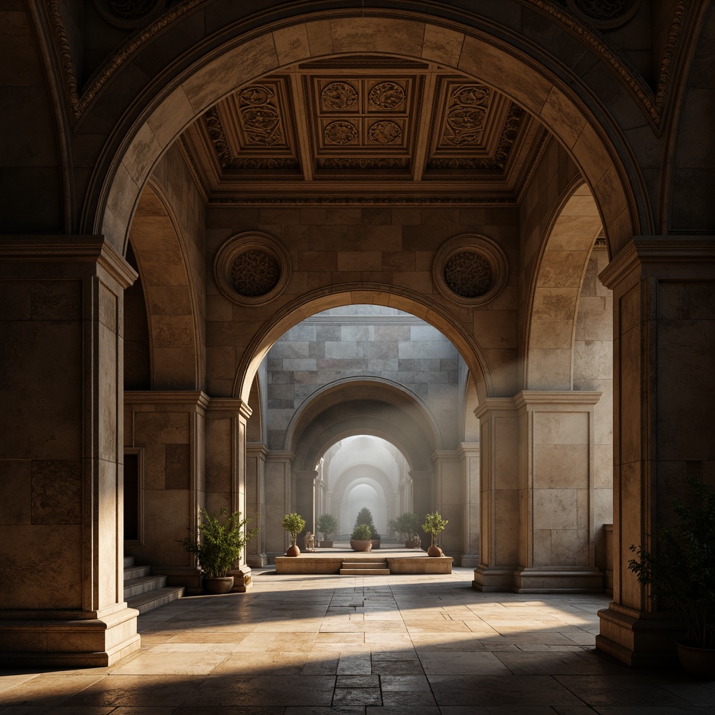 Prompt: Ancient Romanesque arches, ornate carvings, rusticated stones, grand entranceways, vaulted ceilings, ribbed domes, intricate moldings, weathered stone walls, mysterious ambient lighting, soft warm color palette, misty atmospheric effects, cinematic composition, symmetrical framing, rich textures, high contrast ratios, dramatic shadows.