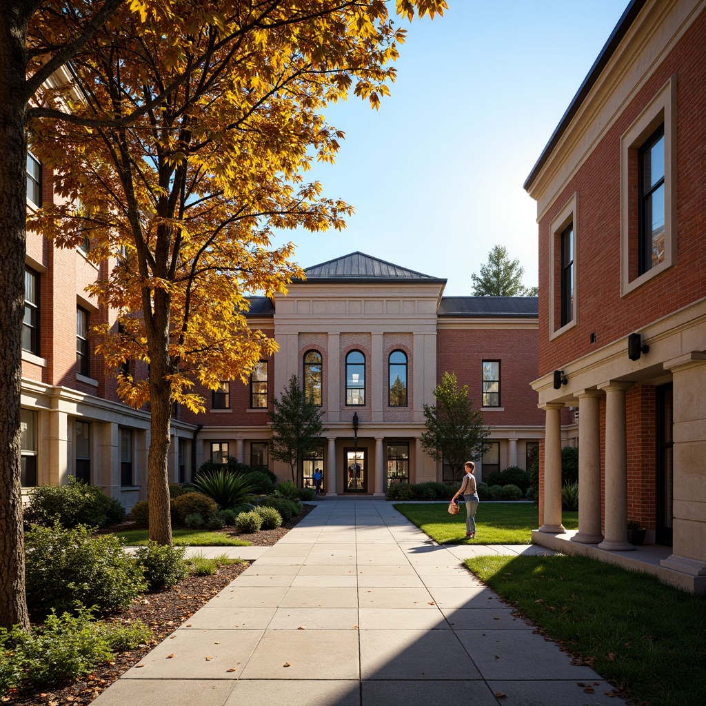 Prompt: Rustic high school campus, traditional brick buildings, earthy tones, textured walls, ornate entrances, grand archways, classic columns, vibrant student artwork, educational signage, manicured lawns, shaded walkways, mature trees, sunny afternoon, warm golden lighting, 3/4 composition, realistic textures, ambient occlusion.