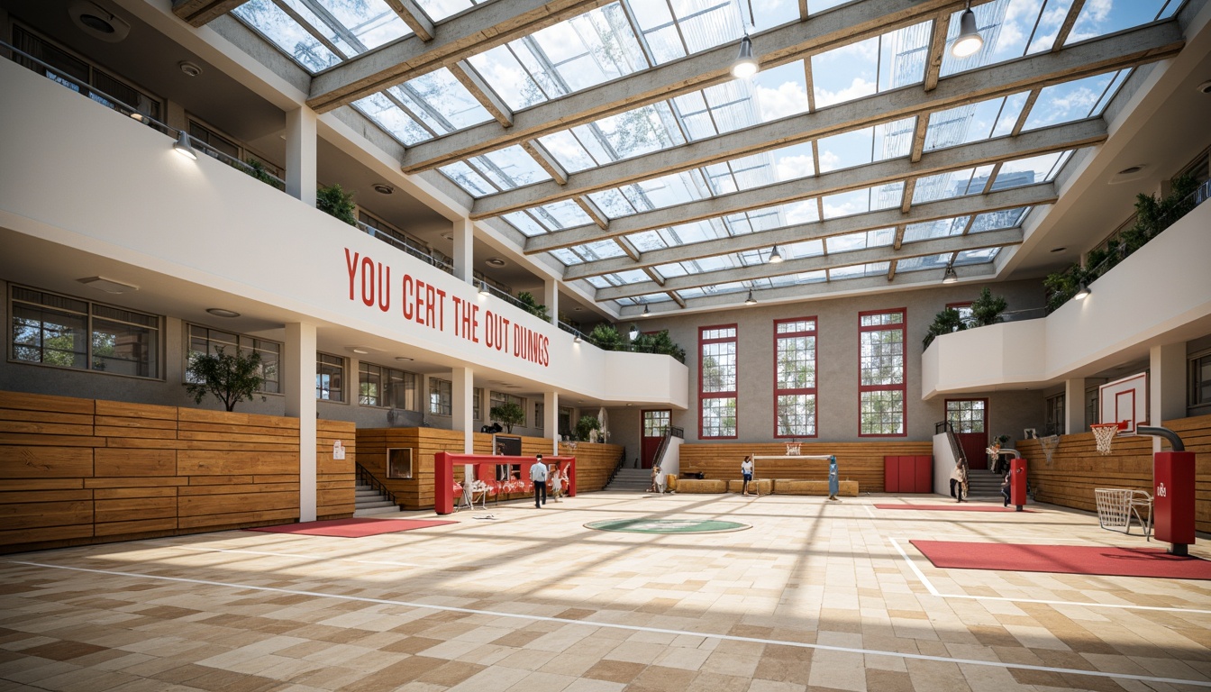 Prompt: Spacious gymnasium interior, high ceilings, large windows, clerestory windows, skylights, transparent roofs, natural stone floors, wooden bleachers, athletic equipment, basketball hoops, volleyball nets, mirrored walls, motivational quotes, vibrant colors, modern architecture, abundant daylight, soft diffused lighting, shallow depth of field, 1/2 composition, realistic textures, ambient occlusion.