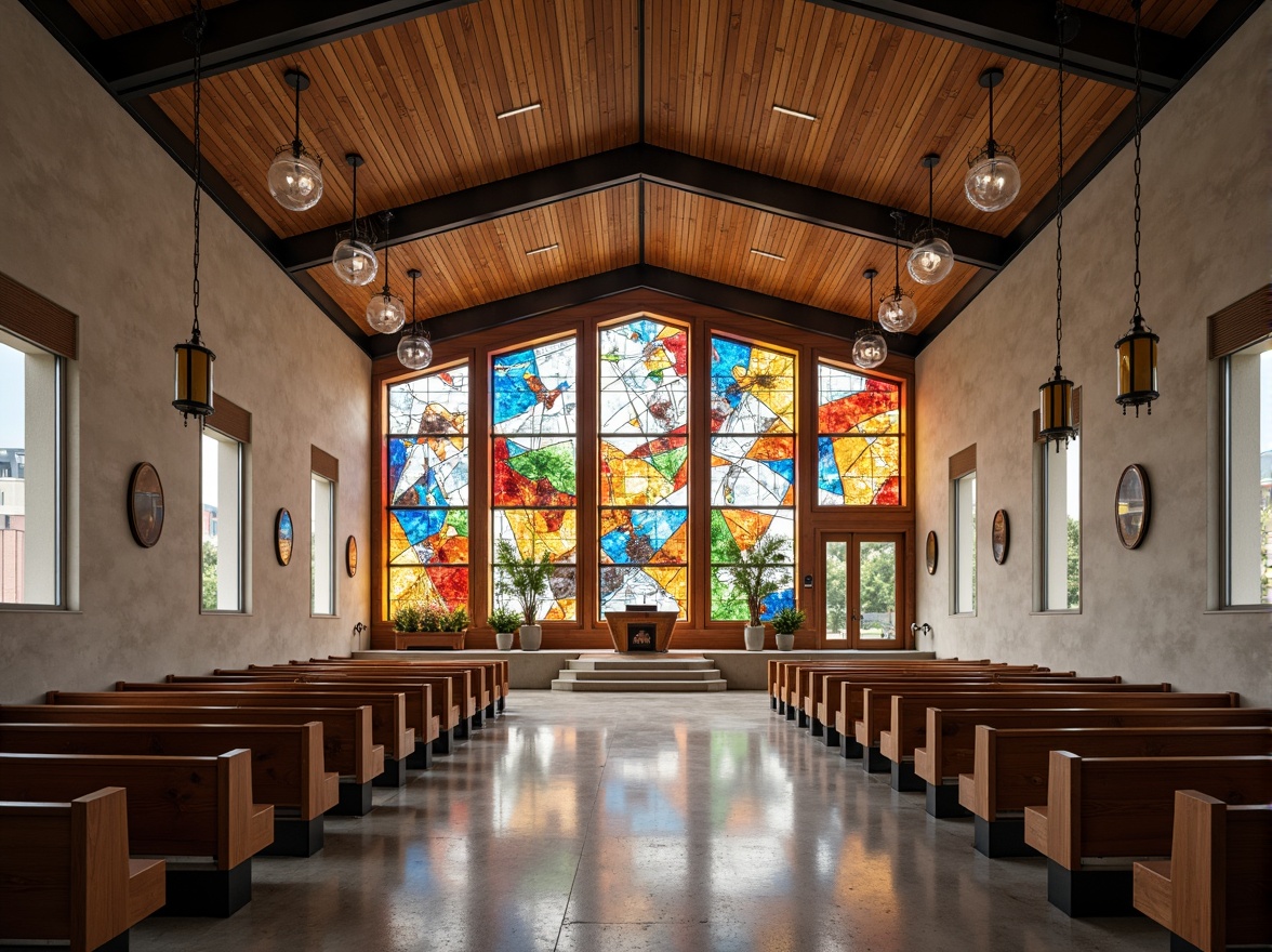 Prompt: Contemporary church interior, postmodern spatial arrangement, irregular shapes, fragmented forms, playful use of light, vibrant colors, abstract patterns, eclectic mix of materials, rough textures, exposed ductwork, industrial chic, reclaimed wood accents, stained glass windows, dramatic verticality, open floor plan, minimalist pews, modern baptismal font, sleek lines, geometric motifs, soft warm lighting, high contrast ratio, 1/2 composition, atmospheric perspective, realistic reflections.