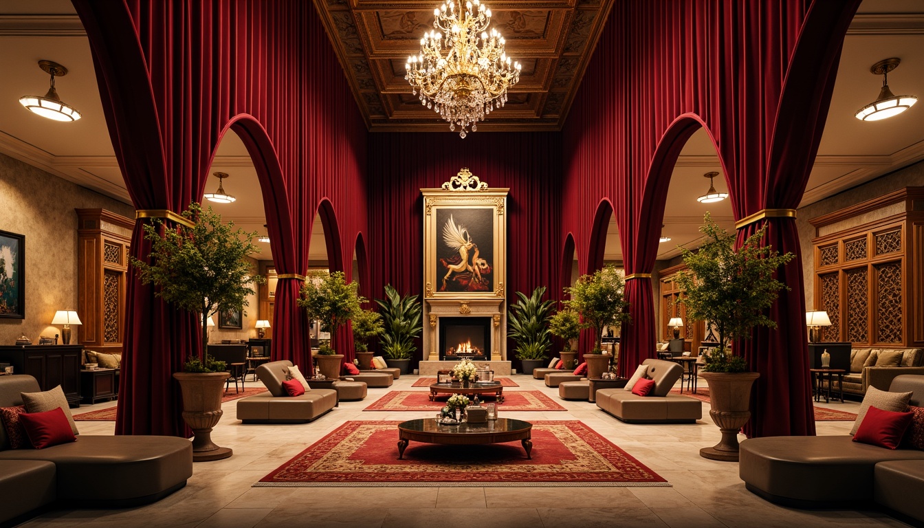 Prompt: Luxurious velvet drapes, ornate gold accents, soft warm candlelight, lavish floral arrangements, intricate wooden carvings, plush area rugs, curved lines, elegant archways, intimate seating areas, rich jewel-toned fabrics, crystal chandeliers, luxurious marble surfaces, grand staircases, dramatic high ceilings, whimsical artwork, romantic ambiance, warm color palette, cozy fireplaces, rustic wooden beams, ornate mirrors, lavish upholstery, vintage decorative pieces.