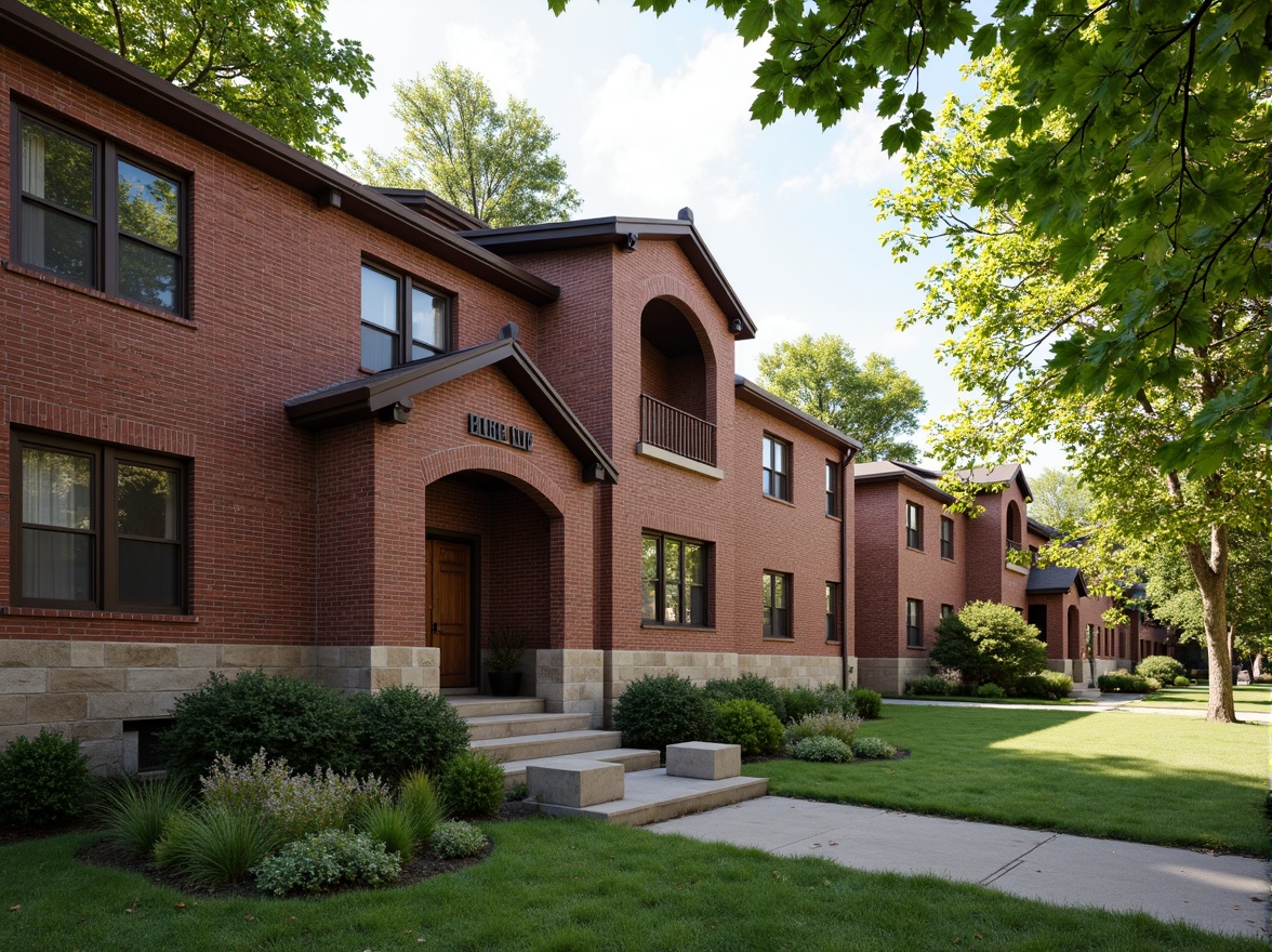 Prompt: Rustic high school campus, traditional brick facades, earthy red tones, textured masonry, ornate archways, grand entrance halls, wooden accents, natural stone foundations, vintage educational signage, lush green lawns, mature trees, sunny afternoon, warm soft lighting, shallow depth of field, 1/2 composition, realistic textures, ambient occlusion.