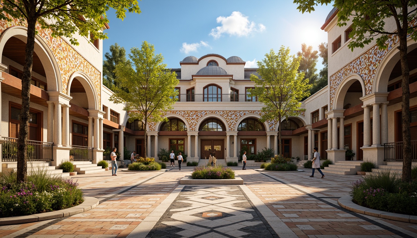 Prompt: Vibrant high school courtyard, intricate mosaic artworks, golden tesserae, ornate Byzantine patterns, rich cultural heritage, colorful stone floors, arched doorways, domed roofs, grand entrance halls, ornamental columns, luxurious marble surfaces, warm natural lighting, shallow depth of field, 3/4 composition, panoramic view, realistic textures, ambient occlusion.