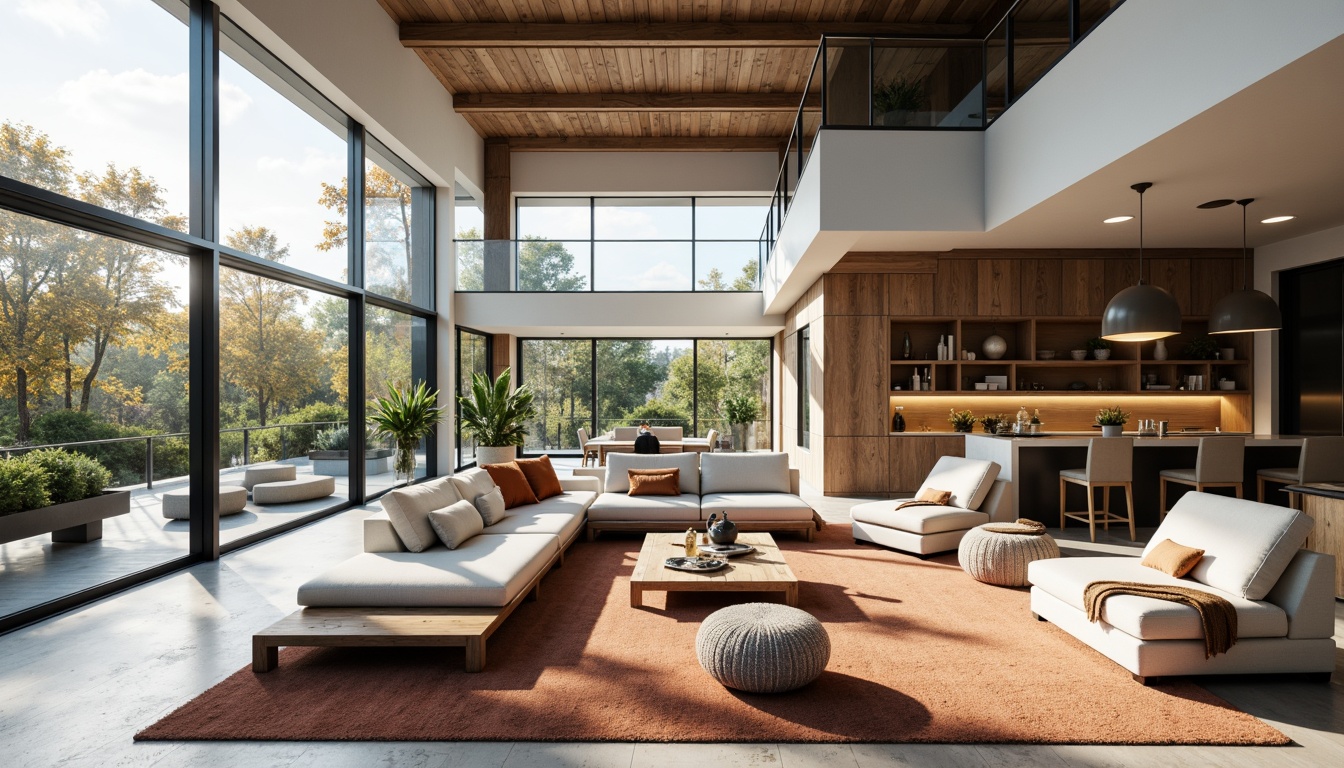 Prompt: Spacious living room, high ceilings, natural light pouring in, sleek modern furniture, minimalist decor, open floor plan, functional zones, comfortable seating areas, stylish rugs, accent walls, built-in shelves, floor-to-ceiling windows, sliding glass doors, cozy reading nooks, plush sofas, rustic wood accents, industrial-chic lighting fixtures, 1/1 composition, soft warm lighting, shallow depth of field.