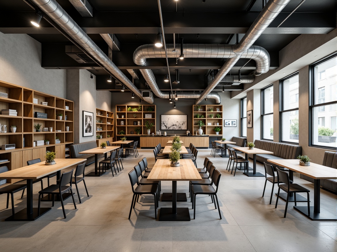 Prompt: Structured dining hall, symmetrical furniture arrangement, minimalist decor, wooden tables, steel chairs, geometric patterns, industrial lighting fixtures, exposed ductwork, polished concrete floors, functional shelving units, modernist architectural style, rectangular shapes, neutral color palette, abundant natural light, shallow depth of field, 3/4 composition, realistic textures, ambient occlusion.