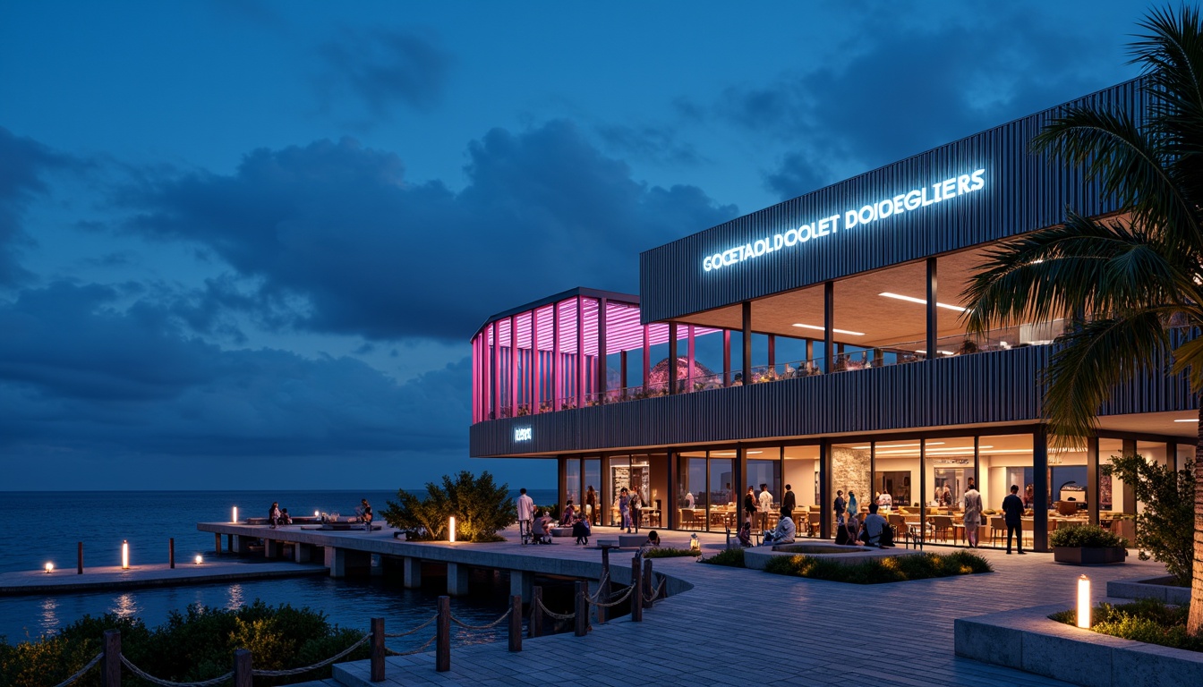 Prompt: Oceanfront nightclubs, sleek metallic facade, neon-lit signage, LED light installations, reflective glass surfaces, minimalist design, beach-inspired textures, driftwood accents, nautical ropes, ocean breeze, moonlit night, soft blue lighting, shallow depth of field, 1/1 composition, panoramic view, realistic reflections, ambient occlusion.