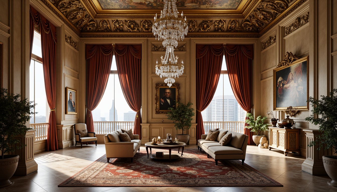 Prompt: Luxurious penthouse, ornate Renaissance-style architecture, grandiose facades, intricately carved stonework, golden accents, lavish furnishings, velvet drapes, crystal chandeliers, marble floors, frescoed ceilings, intricate moldings, gilded frames, luxurious textiles, sumptuous colors, warm soft lighting, shallow depth of field, 1/1 composition, dramatic low-angle shot, realistic reflections, ambient occlusion.