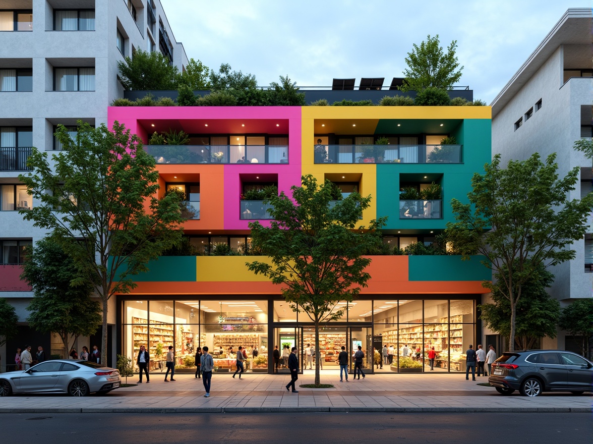 Prompt: Vibrant grocery store facade, bold color blocking, geometric patterns, vertical green walls, urban social housing, modern amenities, communal rooftop gardens, solar panels, eco-friendly materials, natural ventilation systems, large windows, sliding glass doors, warm LED lighting, shallow depth of field, 1/1 composition, realistic textures, ambient occlusion.