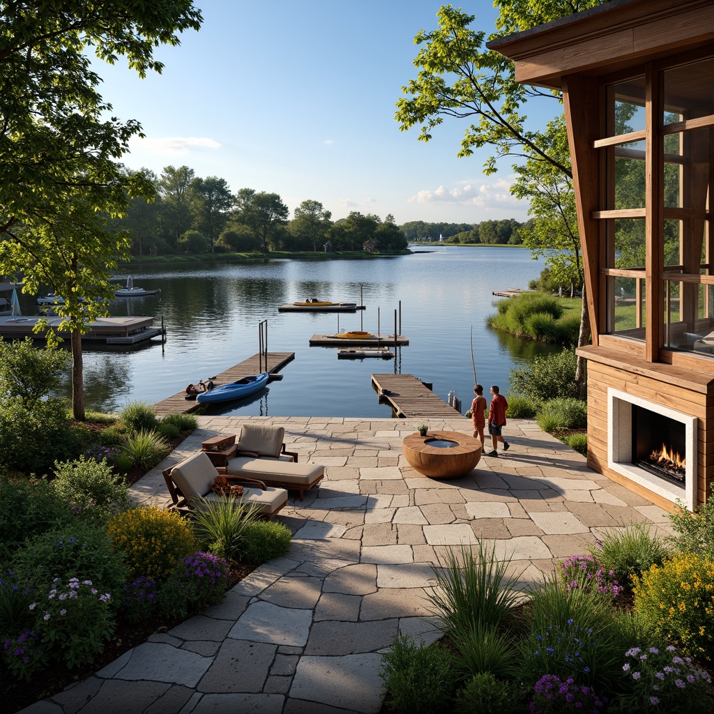 Prompt: Waterfront location, serene lake views, rustic wooden docks, sailboats, kayaks, paddleboards, lush greenery, vibrant flowers, natural stone walkways, weathered wood accents, nautical themed decor, cozy indoor fireplaces, expansive windows, sliding glass doors, warm ambient lighting, shallow depth of field, 3/4 composition, panoramic view, realistic textures, ambient occlusion.