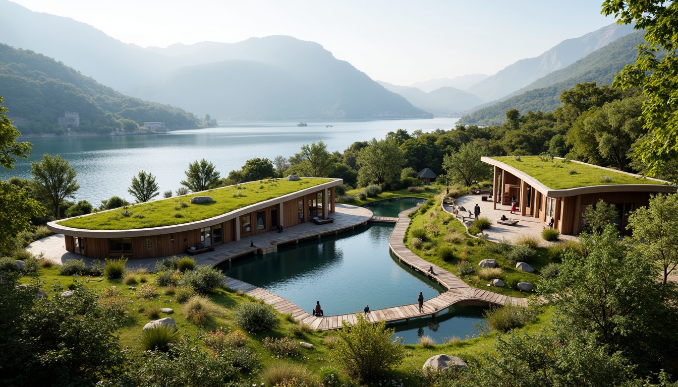 Prompt: Sustainable eco-lodge, organic curves, natural materials, lush green roofs, cantilevered decks, panoramic views, serene lake surroundings, misty mountains, rustic wooden bridges, winding stone pathways, native plant species, vibrant wildflowers, warm sunny day, soft diffused lighting, 1/1 composition, realistic textures, ambient occlusion.