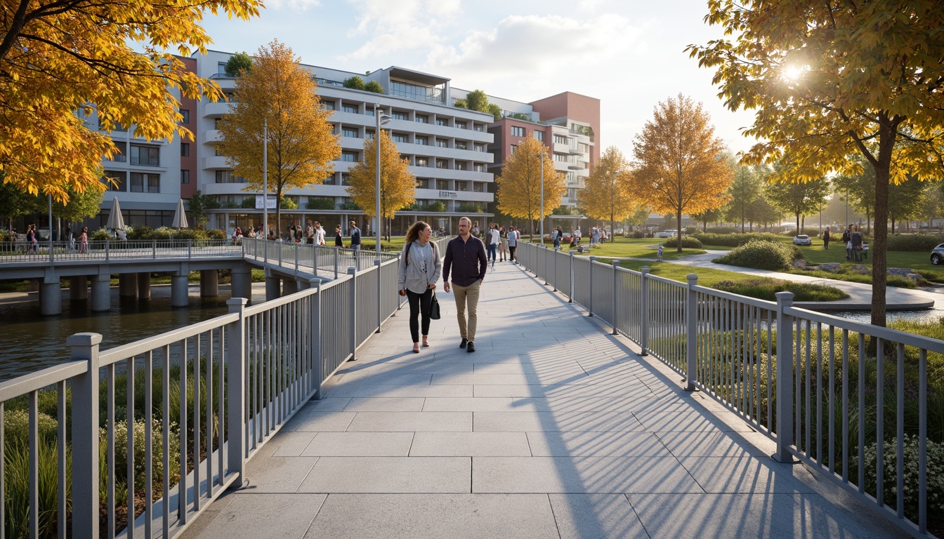 Prompt: Accessible pedestrian bridge, gentle slopes, wide walkways, sturdy handrails, tactile markings, audio signals, Braille signage, wheelchair-accessible ramps, elevators, automatic doors, accessible restrooms, grab bars, lowered counters, adaptable lighting, high-contrast colors, clear navigation signs, minimal obstacles, smooth flooring, weather-resistant materials, durable finishes, maintenance access points, safety features, emergency response systems, panoramic views, sunny day, soft warm lighting, shallow depth of field, 3/4 composition, realistic textures, ambient occlusion.