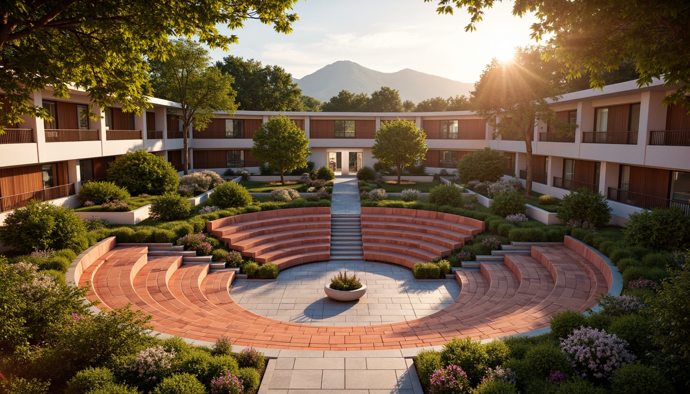 Prompt: Vibrant amphitheater, curved seating areas, lush greenery surroundings, natural stone walls, wooden accents, warm golden lighting, sunset-inspired color scheme, earthy tones, terracotta reds, sienna oranges, sky blues, soft cream whites, abstract geometric patterns, organic textures, rustic metal details, dramatic spotlighting, 3/4 composition, shallow depth of field, panoramic view.