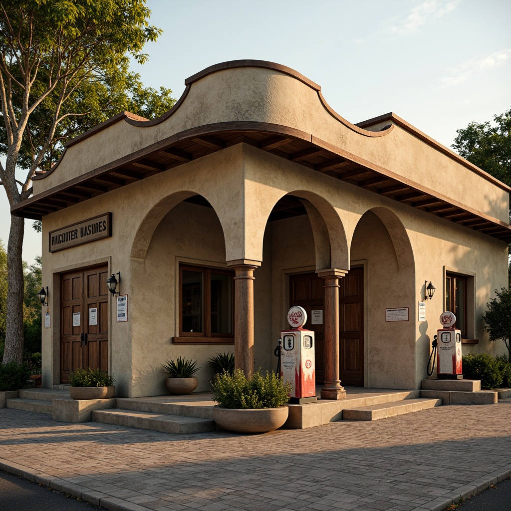 Prompt: Rustic gas station, Romanesque revival style, ornate rooflines, curved arches, decorative stonework, earthy tones, warm beige walls, greenery surroundings, vintage fuel pumps, distressed metal signs, antique lanterns, worn brick pavement, soft golden lighting, shallow depth of field, 1/2 composition, realistic textures, ambient occlusion.