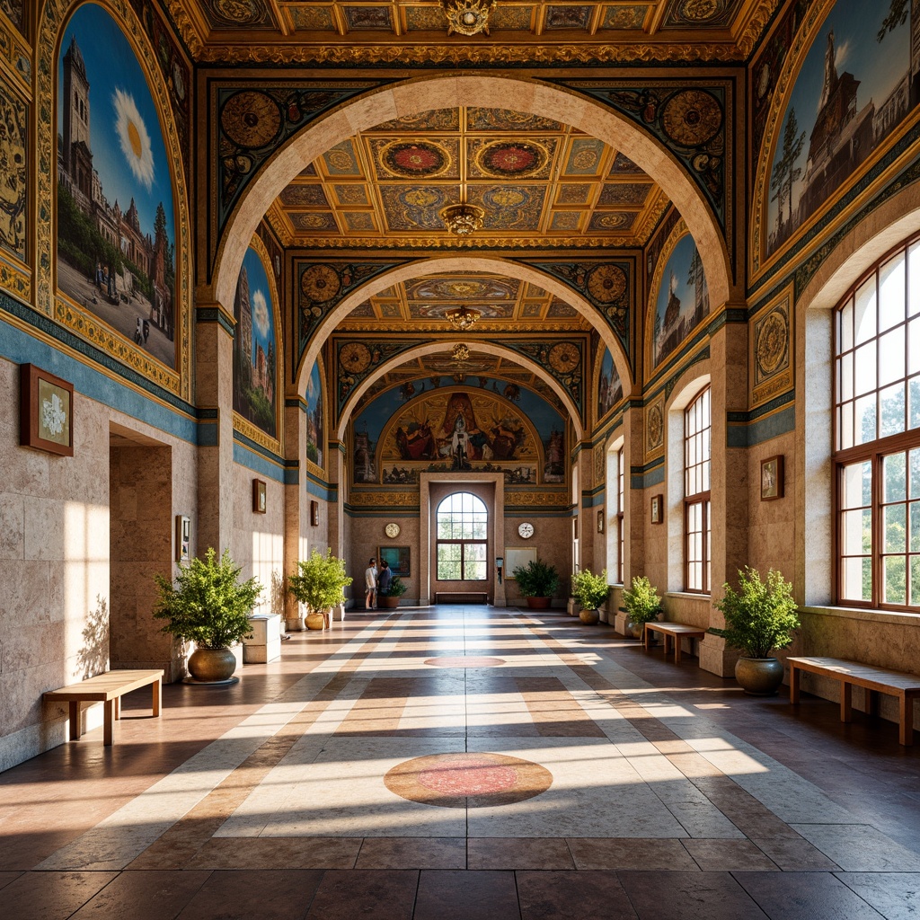 Prompt: Vibrant Byzantine high school, intricate mosaics, gold accents, rich textures, ornate columns, arched windows, domed roofs, ornamental patterns, Christian symbols, educational facilities, modern amenities, natural stone flooring, warm lighting, shallow depth of field, 1/1 composition, realistic reflections, ambient occlusion.