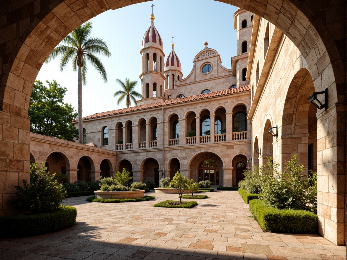 Prompt: Rustic stone walls, ornate arches, grandiose bell towers, intricate carvings, vibrant terracotta tiles, curved rooflines, greenery-filled courtyard, sunny afternoon, warm golden lighting, shallow depth of field, 1/1 composition, panoramic view, realistic textures, ambient occlusion, Roman-inspired patterns, richly textured stone, ornate metalwork, grand entranceways, imposing fa\u00e7ade, dramatic architectural details.