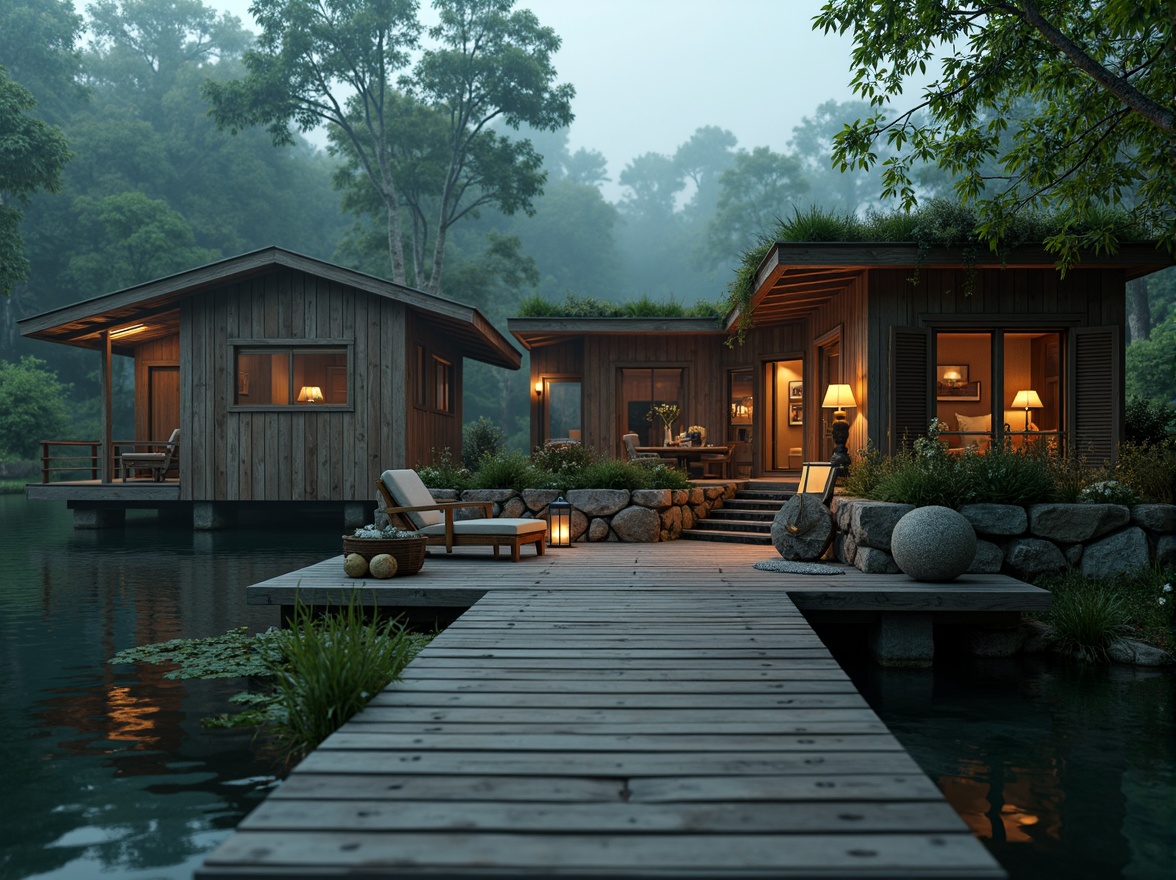 Prompt: Rustic boathouse, weathered wood tones, earthy brown hues, moss-covered roofs, wooden docks, nautical ropes, vintage anchors, distressed finishes, natural stone walls, lantern-style lighting, soft warm glow, misty morning atmosphere, serene lake views, lush greenery surroundings, water-inspired color palette, blues and greens, subtle texture overlays, cinematic depth of field, 1/2 composition, atmospheric perspective.