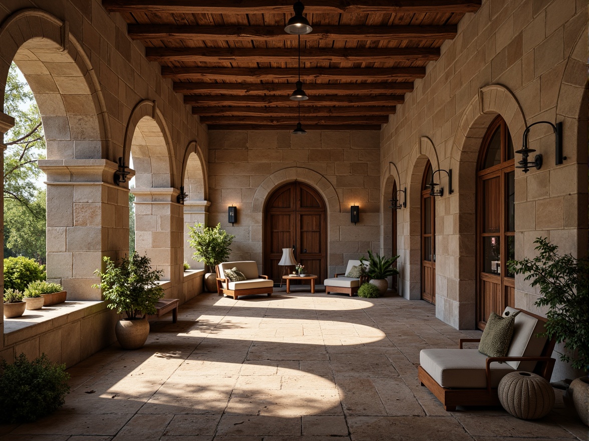 Prompt: Rustic clinic, Romanesque arches, stone walls, ornate columns, rounded windows, terracotta roof tiles, earthy color palette, natural stone flooring, wooden beam ceilings, grand entrance hallways, intricate carvings, medieval-inspired furnishings, warm ambient lighting, soft shadows, 1/2 composition, atmospheric perspective, detailed textures, subtle color grading.