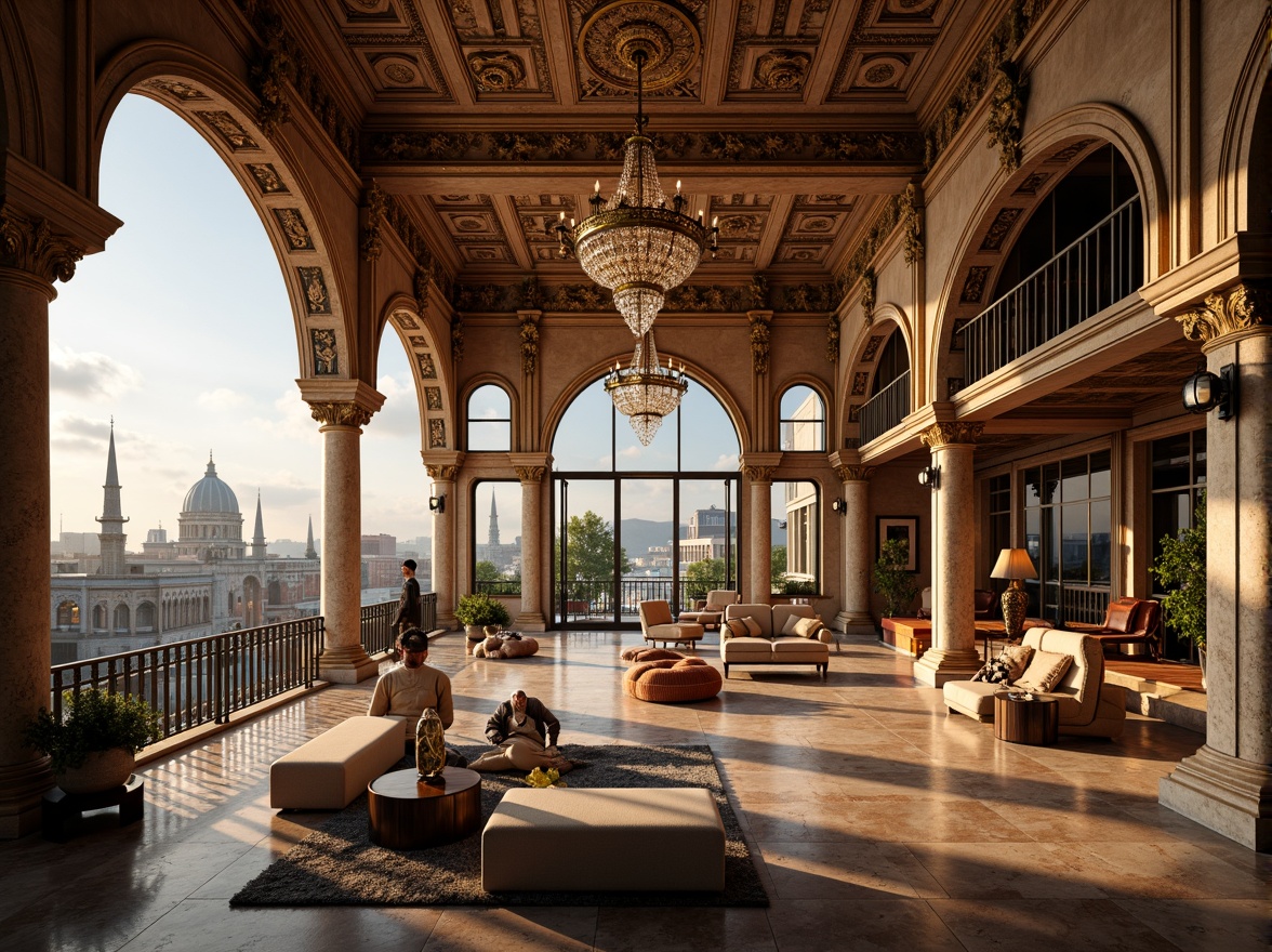 Prompt: Luxurious penthouse, ornate detailing, Renaissance-inspired architecture, grandiose columns, intricately carved stone facades, gilded accents, opulent chandeliers, lavish furnishings, rich velvet drapes, marble floors, high ceilings, dramatic archways, sweeping staircases, crystal-clear windows, breathtaking city views, warm golden lighting, 1/1 composition, shallow depth of field, realistic textures, ambient occlusion.