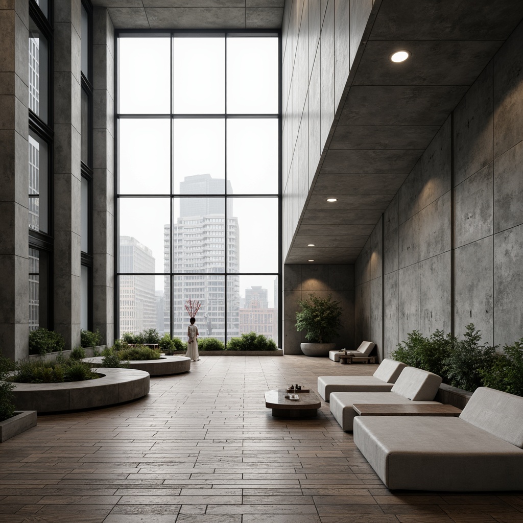 Prompt: Contemporary building, industrial materials, exposed concrete walls, metallic accents, minimalist aesthetic, sleek lines, functional simplicity, urban context, cityscape background, natural light pouring in, floor-to-ceiling windows, polished wooden floors, brutalist architecture, raw textures, geometric shapes, monochromatic color scheme, subtle lighting effects, atmospheric ambiance, 3/4 composition, realistic rendering, ambient occlusion.