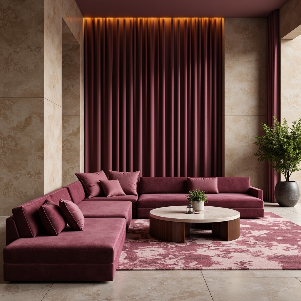 Prompt: Mauve-hued modern interior, plush velvet furniture, rich jewel-toned accents, soft golden lighting, elegant minimalist decor, luxurious textiles, subtle metallic sheens, sophisticated color blocking, mauve-dyed marble surfaces, sleek low-profile sofas, delicate botanical patterns, warm beige walls, refined architectural lines, dramatic floor-to-ceiling drapes, lavish area rugs, moody atmospheric shading, shallow depth of field, 1/2 composition, realistic renderings, ambient occlusion.