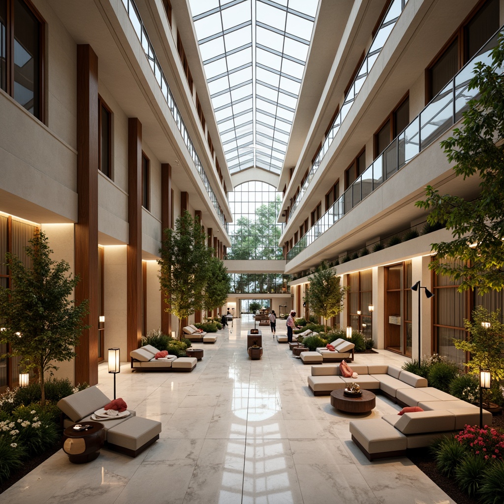 Prompt: Luxurious hotel lobby, grand atrium, floor-to-ceiling windows, clerestory lighting, minimalist interior design, polished marble floors, gleaming metal accents, warm wood tones, comfortable seating areas, lush greenery, vibrant flower arrangements, soft warm lighting, shallow depth of field, 3/4 composition, panoramic view, realistic textures, ambient occlusion.