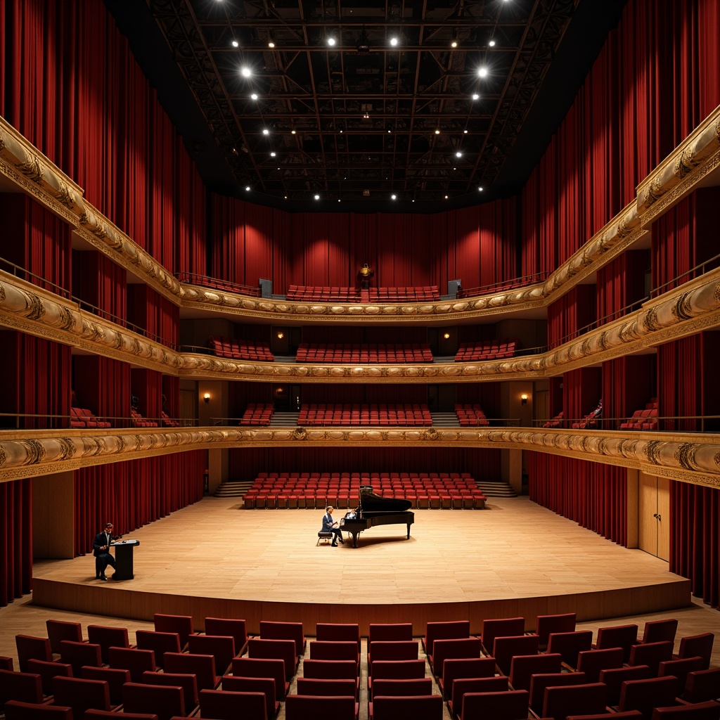 Prompt: Luxurious concert hall, rich velvet curtains, polished wooden floors, ornate golden balconies, plush red seating, grand piano, acoustic panels, soundproofing materials, intimate setting, warm ambient lighting, softbox lights, 1/1 composition, shallow depth of field, realistic textures, ambient occlusion.