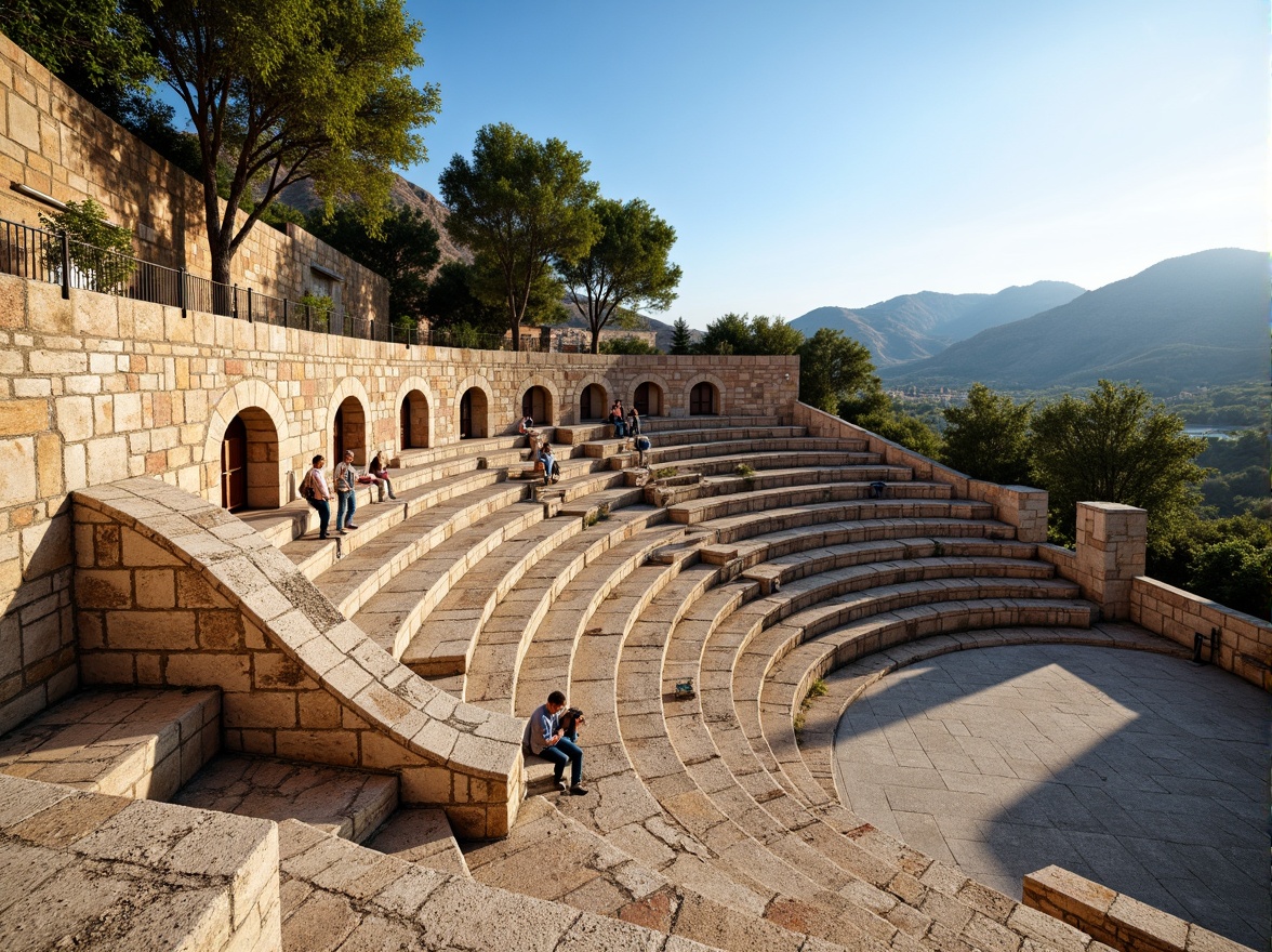 Prompt: Ancient amphitheater, rustic stone walls, weathered brick facades, arched entrances, curved seating areas, tiered levels, natural limestone textures, earthy tone colors, Mediterranean landscape, rolling hills, olive trees, clear blue sky, warm sunlight, soft shadows, atmospheric perspective, 1/2 composition, dramatic lighting, high contrast, detailed stone carvings.