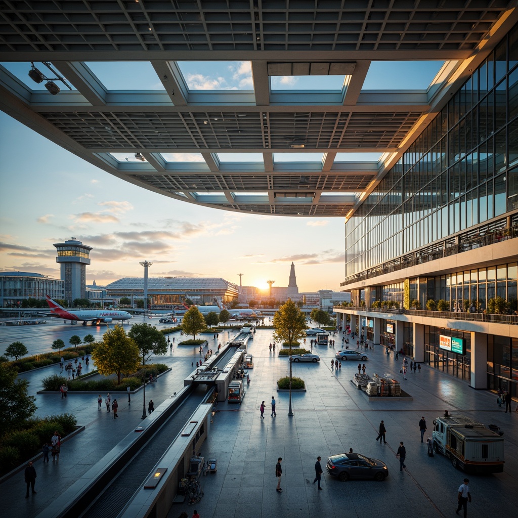 Prompt: Airport terminal, aerodynamic curves, metallic sheen, cantilevered rooflines, glass fa\u00e7ades, angular columns, steel beams, modernist architecture, vast open spaces, high ceilings, bustling atmosphere, morning sunlight, soft warm lighting, shallow depth of field, 3/4 composition, panoramic view, realistic textures, ambient occlusion, retro-futuristic elements, neon signage, air traffic control towers, luggage conveyor belts, departure boards, vibrant color schemes, geometric patterns, dynamic shapes.