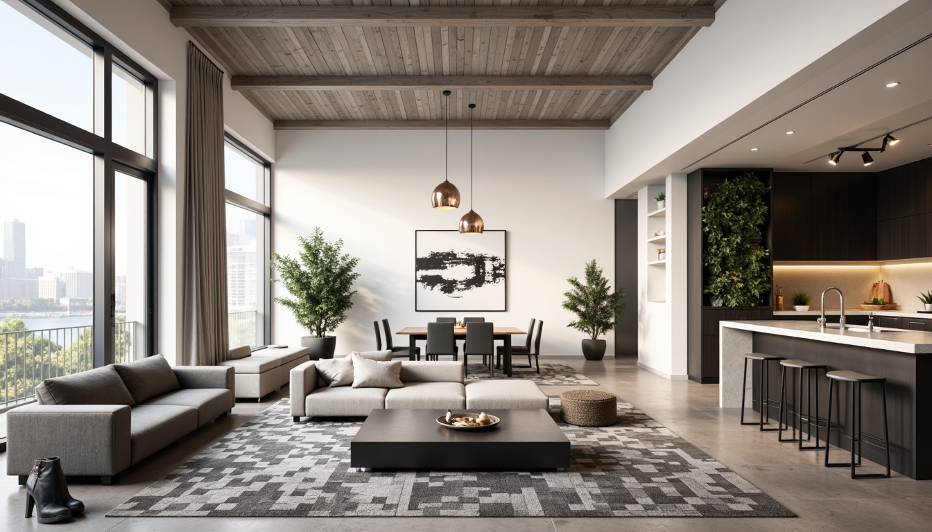 Prompt: Minimalist living room, neutral color palette, sleek sofas, low-profile coffee tables, floor-to-ceiling windows, natural light pouring in, urban city views, polished concrete floors, industrial chic decor, geometric patterned rugs, modern abstract artwork, pendant lighting fixtures, open-plan kitchen, high-gloss cabinets, quartz countertops, stainless steel appliances, breakfast bar seating, greenery wall installations, soft warm ambient lighting, shallow depth of field, 1/1 composition, realistic textures, subtle atmospheric effects.