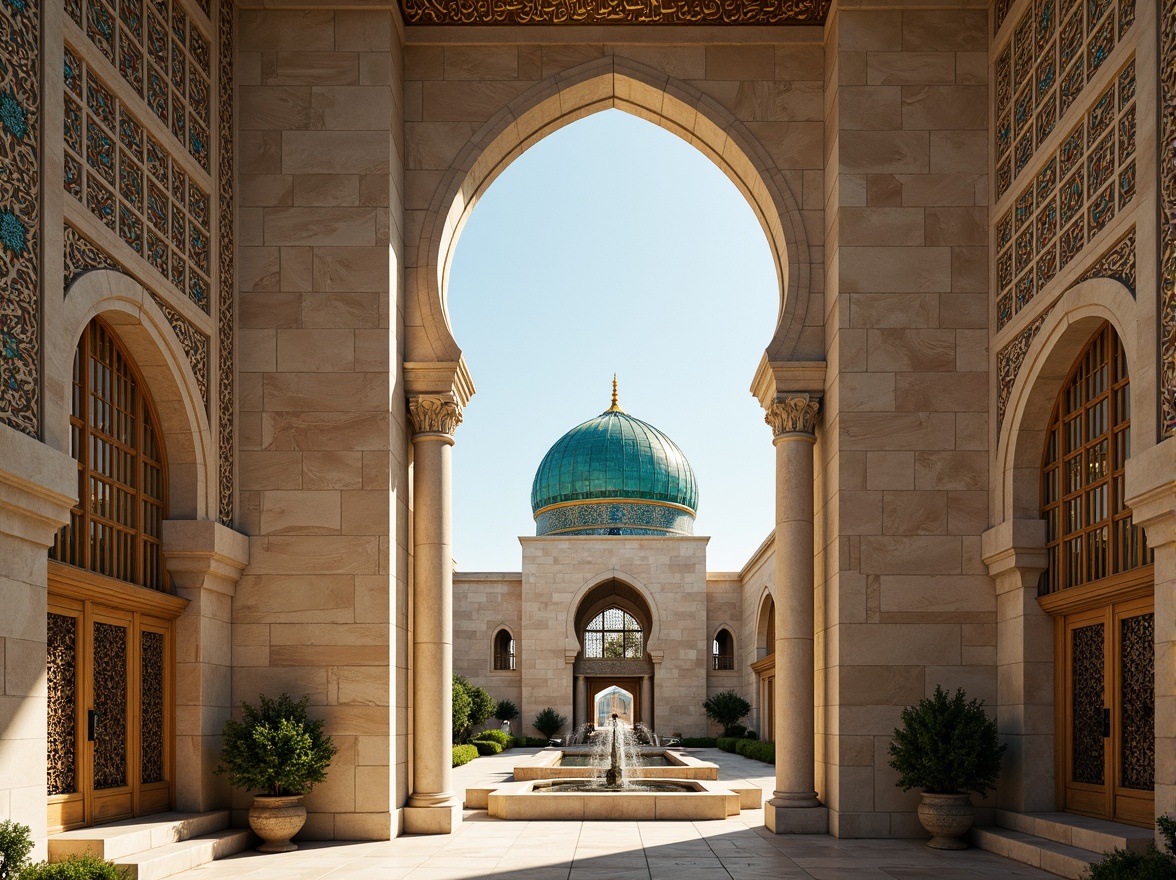 Prompt: Intricate stone carvings, grand mosque architecture, Islamic geometric patterns, vibrant turquoise domes, golden minarets, ornate archways, sacred Quranic calligraphy, natural light filtering, stained glass windows, majestic entrance doors, ornamental fountains, serene courtyard gardens, peaceful ambience, warm golden lighting, shallow depth of field, 1/1 composition, symmetrical framing, realistic textures, ambient occlusion.