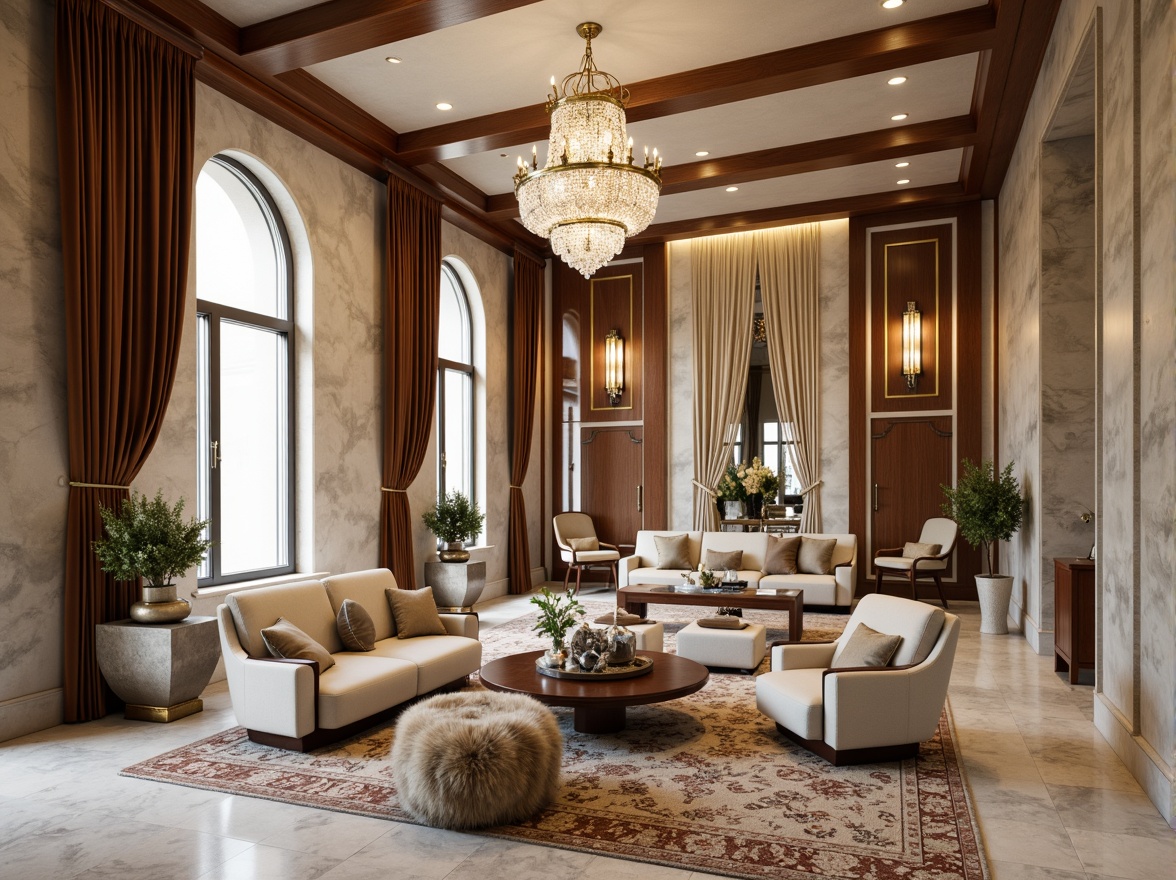 Prompt: Luxurious velvet fabrics, rich wood grain textures, metallic accents, subtle sheen finishes, warm beige tones, soft cream hues, elegant marble patterns, refined leather upholstery, sophisticated glass surfaces, ornate gold details, majestic crystal chandeliers, dramatic floor-to-ceiling curtains, opulent fur throws, lavish satin drapes, exquisite mother-of-pearl inlays, high-gloss lacquer finishes, sumptuous silk rugs, imposing stone columns.