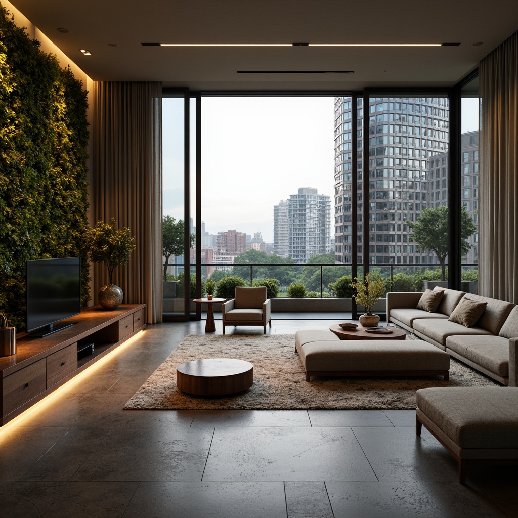 Prompt: Luxurious living room, spacious open-plan layout, floor-to-ceiling windows, sliding glass doors, natural stone flooring, plush area rugs, comfortable sofas, modern minimalist coffee tables, ambient soft lighting, greenery walls, vertical gardens, urban city views, 1/1 composition, shallow depth of field, realistic textures, warm color palette, cozy atmosphere.