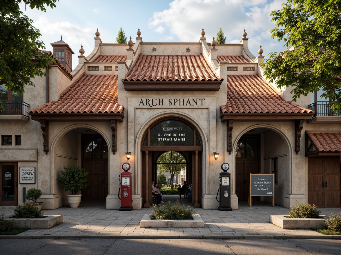 Prompt: Ornate rooflines, terracotta tiles, rustic stone walls, grand archways, ornamental columns, vibrant greenery, decorative finials, intricate stonework, eclectic gas pumps, vintage signage, distressed metal accents, warm afternoon lighting, shallow depth of field, 1/2 composition, symmetrical framing, realistic textures, ambient occlusion.