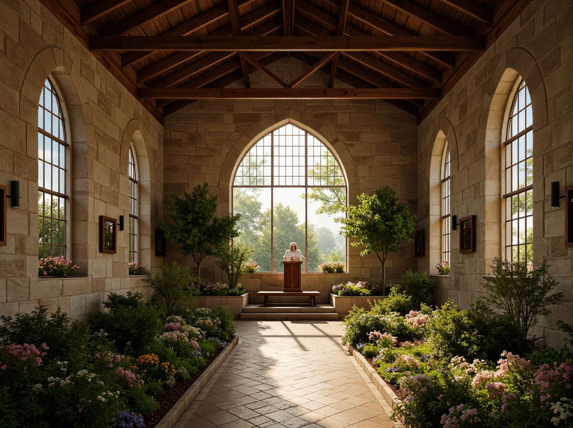 Prompt: Rustic stone church, natural materials, earthy tones, wooden accents, stained glass windows, vaulted ceilings, grand arches, subtle lighting, peaceful ambiance, lush greenery, blooming flowers, serene landscape, misty morning, soft warm glow, shallow depth of field, 3/4 composition, symmetrical framing, realistic textures, ambient occlusion.