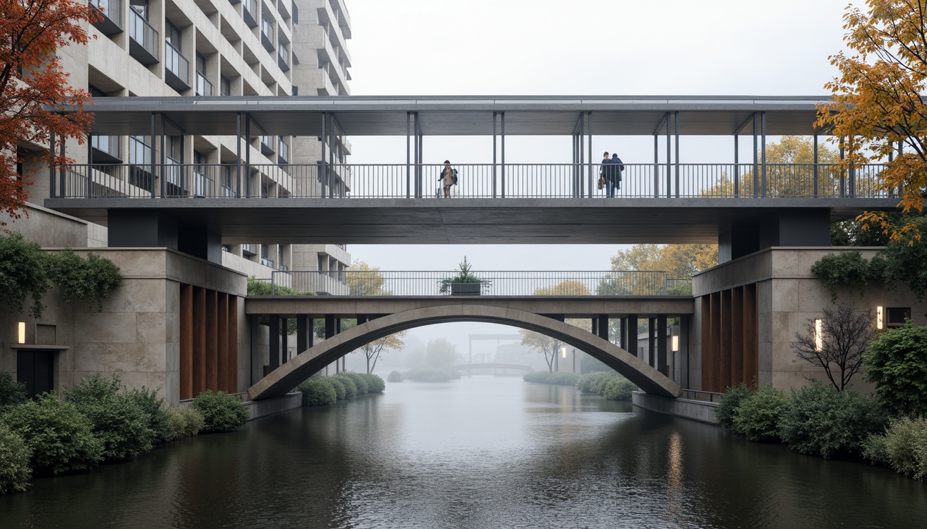 Prompt: Elegant pedestrian bridge, modern academic architecture, sleek steel beams, minimalist railings, suspended walkways, cantilevered sections, angular support columns, subtle lighting fixtures, textured concrete piers, rust-colored metal accents, ivy-covered abutments, serene water reflections, peaceful urban surroundings, morning mist atmosphere, soft natural light, shallow depth of field, 3/4 composition, realistic material textures, ambient occlusion.