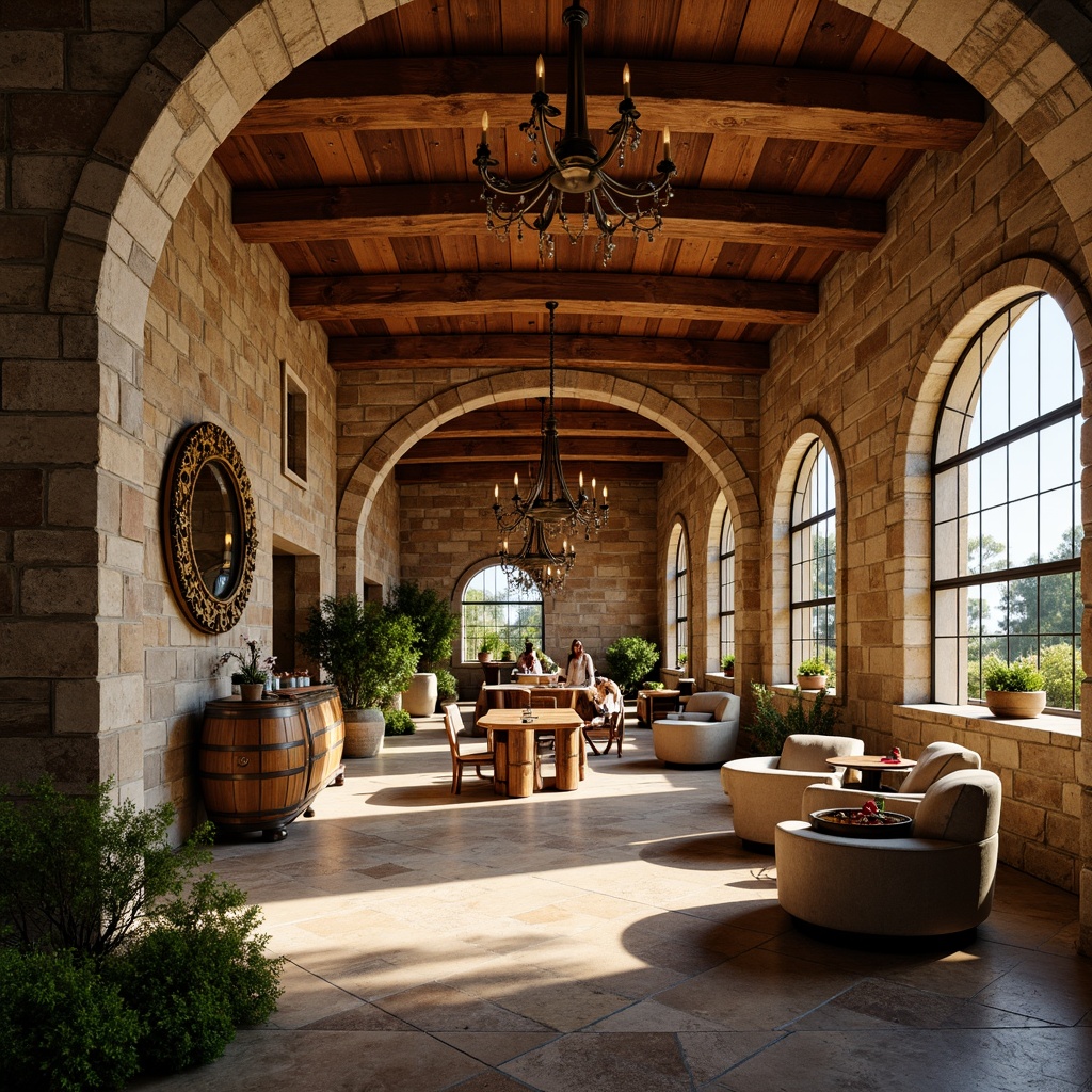 Prompt: Rustic winery, stone walls, curved arches, wooden beams, vintage barrels, ornate metalwork, grand chandeliers, lavish furnishings, rich wood tones, earthy color palette, natural stone flooring, barrel-vaulted ceilings, large windows, soft warm lighting, shallow depth of field, 1/1 composition, realistic textures, ambient occlusion, Renaissance-inspired ornaments, classical columns, decorative carvings, intricate stonework, Mediterranean ambiance, sunny afternoon, warm golden light.