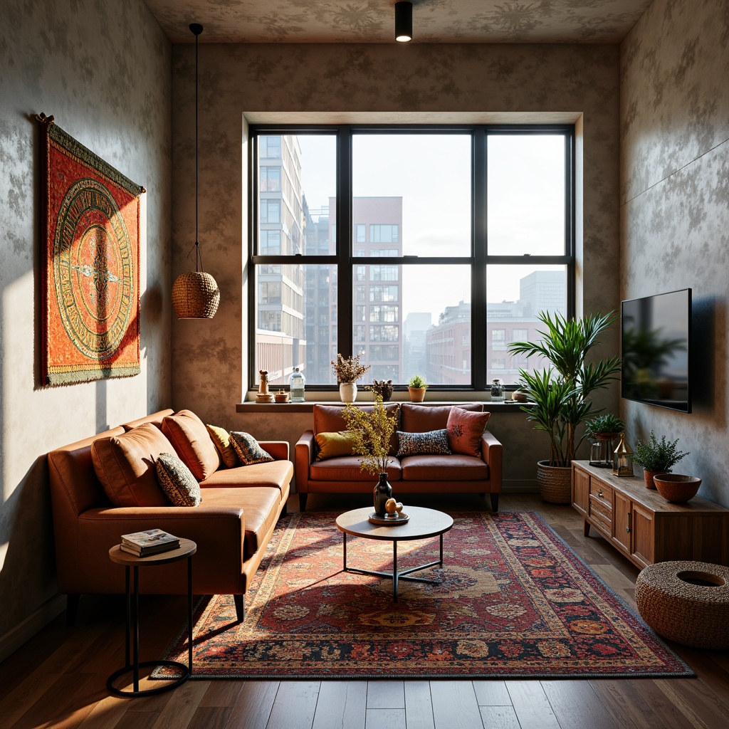 Prompt: Cozy apartment interior, plush throw pillows, vibrant colorful upholstery, patterned rugs, soft warm lighting, textured walls, modern minimalist furniture, sleek metal accents, large windows, natural light, urban cityscape view, eclectic decorative accessories, woven baskets, macrame wall hangings, natural fiber fabrics, bohemian-inspired textiles, global cultural patterns, richly colored tapestries, statement pieces of art, 1/1 composition, intimate warm atmosphere, shallow depth of field.