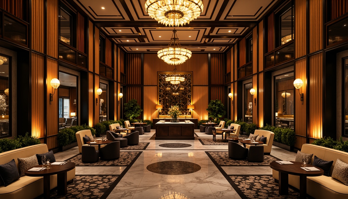 Prompt: Luxurious Art Deco venue, opulent gold accents, rich jewel-toned walls, lavish velvet drapes, geometric patterns, metallic sheen, bold black outlines, ornate mirrors, glamorous chandeliers, sophisticated marble floors, vintage glamour, soft warm lighting, high-contrast shading, dramatic shadows, ornamental details, 1/2 composition, cinematic flair.