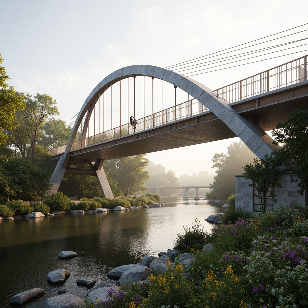 Prompt: Elegant pedestrian bridge, sleek steel arches, cable-stayed design, suspended walkway, modern academic style, clean lines, minimalist railings, weathered wood accents, natural stone piers, gentle water flow, serene riverbank, lush greenery, vibrant flowers, misty morning light, soft warm glow, 1/2 composition, shallow depth of field, realistic textures, ambient occlusion.