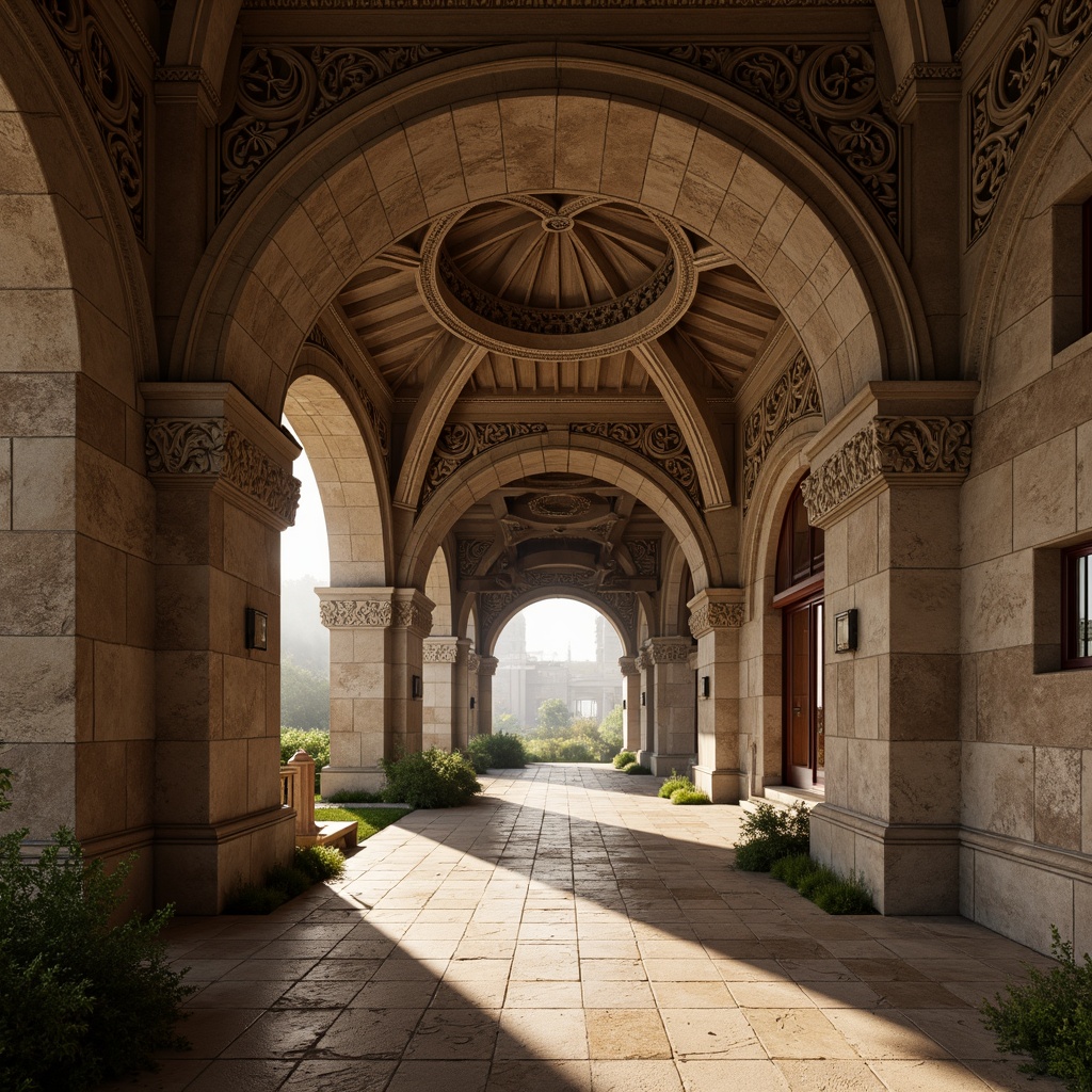 Prompt: Intricate stone carvings, ornate capitals, robust columns, rustic arches, grand vaulted ceilings, decorative ribbed vaults, ornamental foliage patterns, richly textured stonework, warm earthy tones, soft diffused lighting, dramatic shading, high-contrast textures, realistic weathering effects, atmospheric mist, 1/1 composition, symmetrical framing, detailed close-ups, cinematic camera angles.