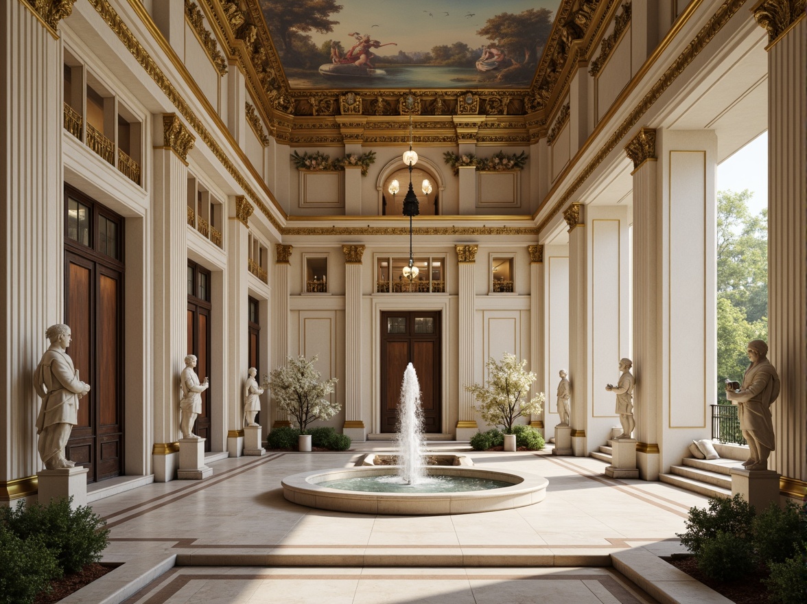 Prompt: Elegant neoclassical architecture, grandiose columns, ornate moldings, luxurious marble floors, stately fountains, symmetrical gardens, refined statues, subtle cream hues, rich gold accents, muted earth tones, soft ivory whites, dramatic chiaroscuro lighting, warm candlelight ambiance, ornate bronze fixtures, intricate fresco ceilings, lavish velvet drapes, sophisticated oil paintings.