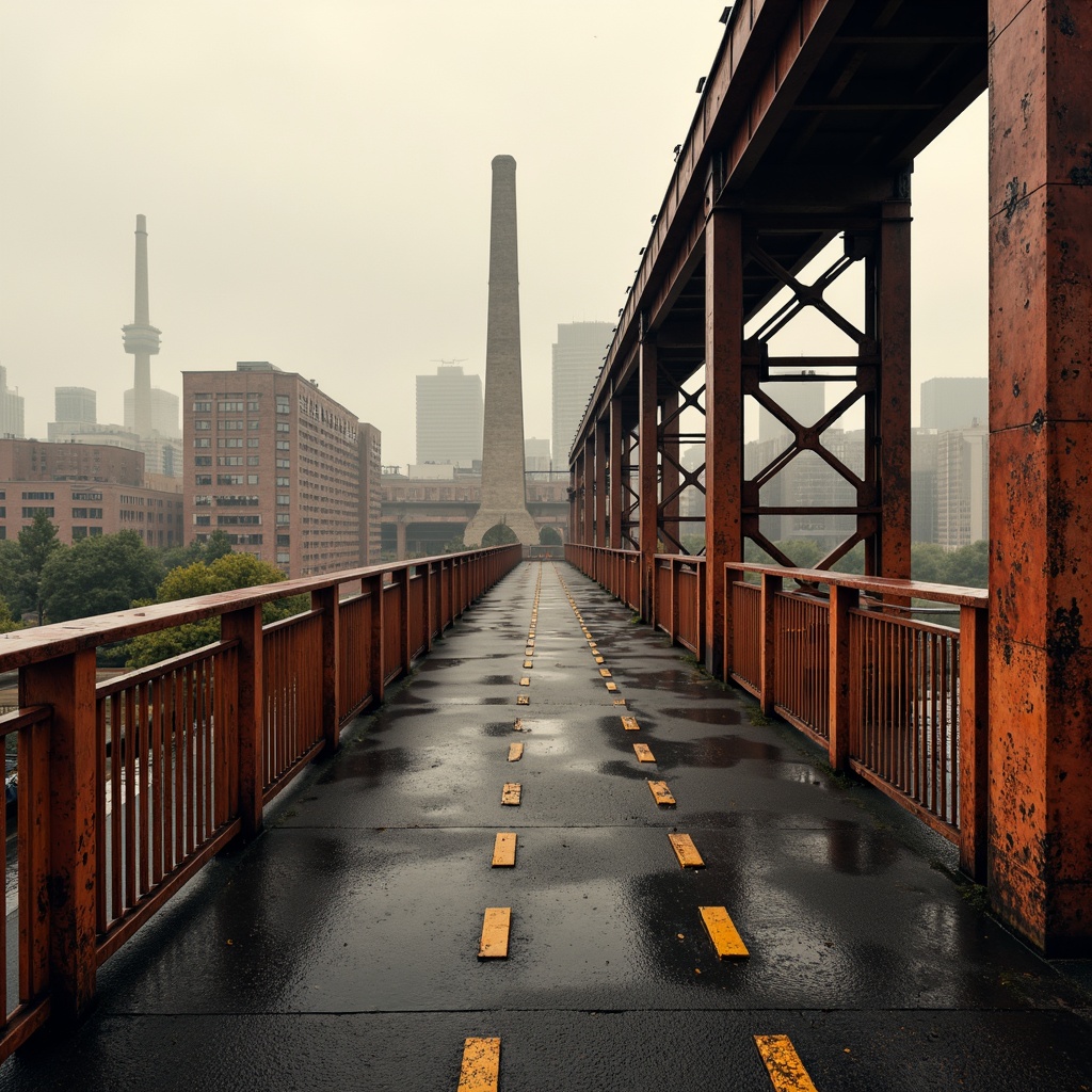 Prompt: Rustic steel bridges, industrial urban landscapes, warm earthy tones, weathered metal textures, bold structural elements, modern minimalist design, sleek silver railings, safety orange accents, misty atmospheric lighting, soft focus, shallow depth of field, 1/1 composition, realistic reflections, ambient occlusion.