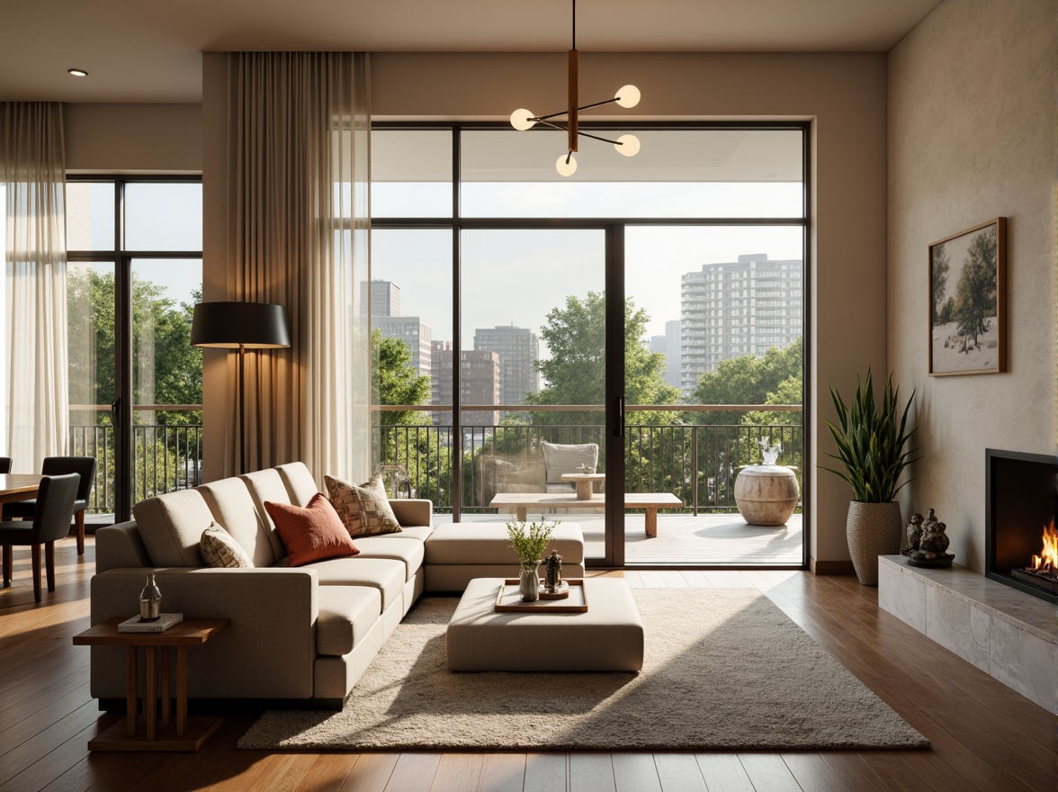 Prompt: Cozy living room, comfortable sofa, warm fireplace, large windows, natural light, open-plan kitchen, dining area, minimalist decor, soft carpet flooring, beige walls, modern furniture, pendant lighting, greenery views, balcony access, urban cityscape, morning sunlight, shallow depth of field, 1/1 composition, realistic textures, ambient occlusion.